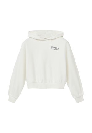 Witte cropped hoodie gemaakt van zachte stof, met een capuchon met trekkoord en een kleine donkerblauwe tekst "Berlin is mijn gelukkige plek" op de voorkant.
