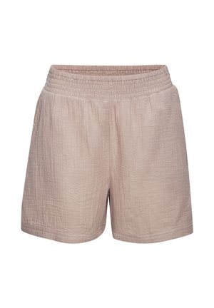 Licht beige textielshort met brede elastische tailleband en losse pasvorm, weergegeven tegen een witte achtergrond.
