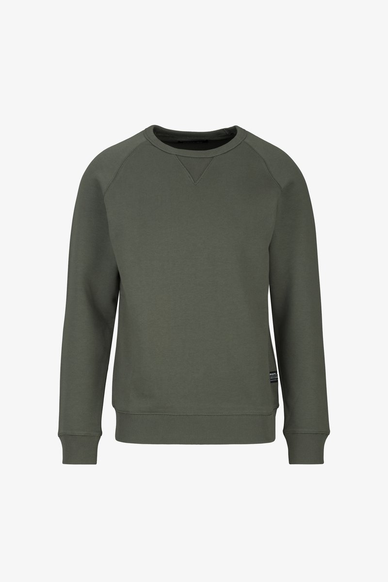 Donkergroene sweatshirt van een katoenmix. Heeft een ronde hals, geribbelde manchetten en een aansluitende zoom. Eenvoudig ontwerp zonder zichtbare patronen.