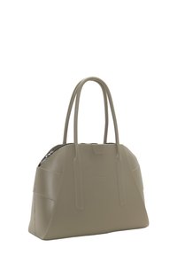 Harmaa muovinen kantokassi pyöreillä reunoilla, kaksilla kahvoilla ja vetoketjulla. Etuosassa on logo ja kontrastivärinen vuori.