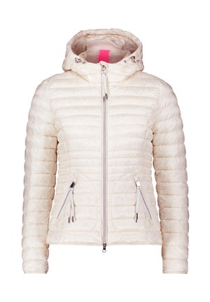 Lightweight cream puffer jacket with a hood, horizontal quilting, front zip, and two zippered side pockets. Silver hardware accents.