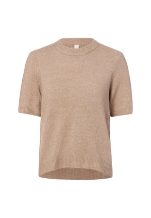 Beige korte mouw gebreide trui met geribbelde ronde hals, mouwboorden en zoom, getoond tegen een witte achtergrond.