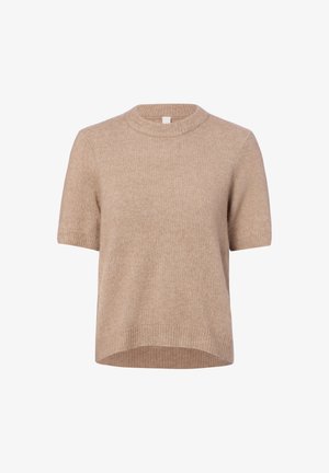 Beige korte mouw gebreide trui met geribbelde ronde hals, mouwboorden en zoom, getoond tegen een witte achtergrond.