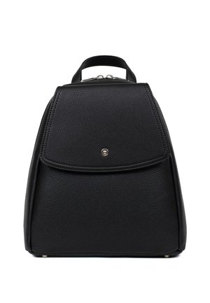 Czarna skórzana plecak o strukturalnym kształcie, teksturowanej powierzchni, z zamknięciem na klapę z przodu i górnym uchwytem do noszenia.