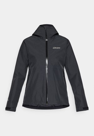 Črna nepremočljiva jakna z zadrgo spredaj, pritrjeno kapuco in nastavljivimi manšeti. Ima logo na zgornji levi strani in dva stranska žepa.