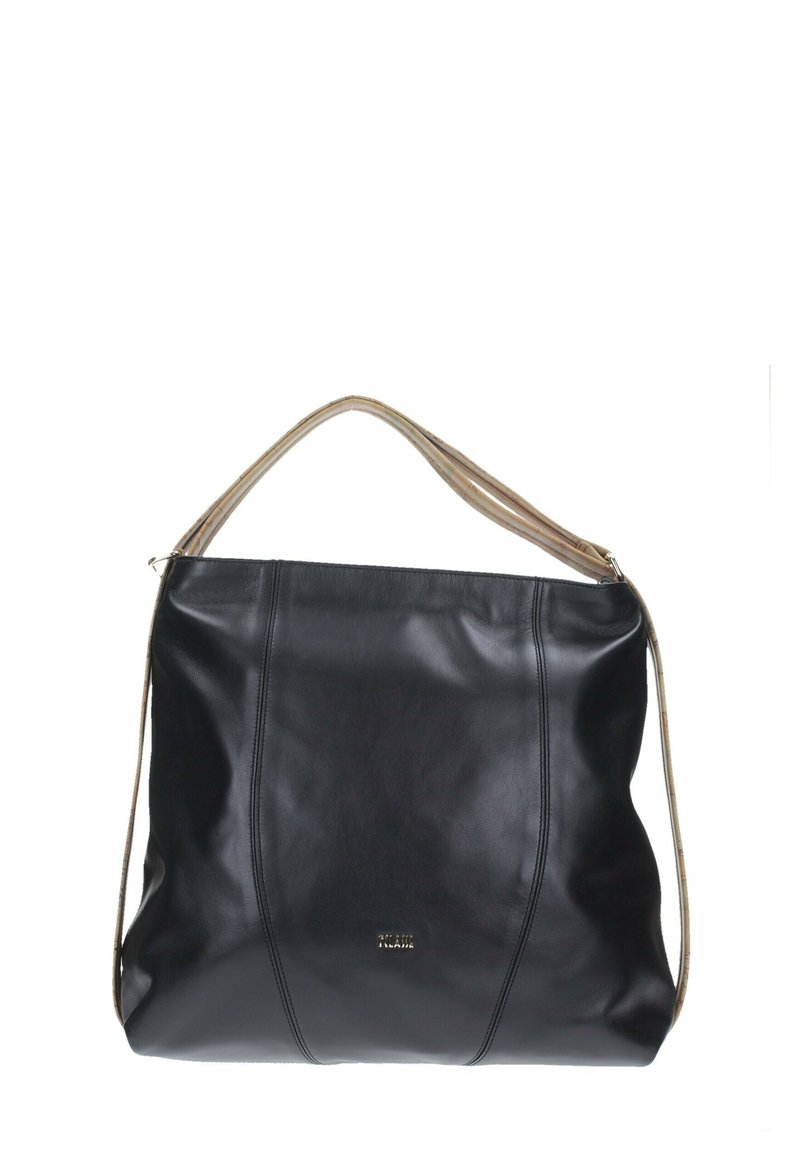 Borsa a mano in pelle nera con una texture morbida, caratterizzata da un design morbido e una tracolla intrecciata di colore chiaro. Dettaglio del logo discreto sulla parte anteriore.