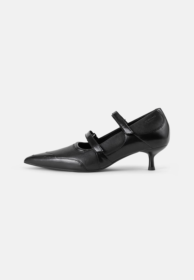 Chaussure Mary Jane noire pour femmes, à bout pointu, avec deux brides et un petit talon kitten, présentée sur un fond blanc uni.