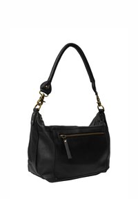Schwarze Lederhandtasche mit runder Form, einem einzigen Schulterriemen und einer vorderen Reißverschlusstasche. Mit Accents in Goldton.