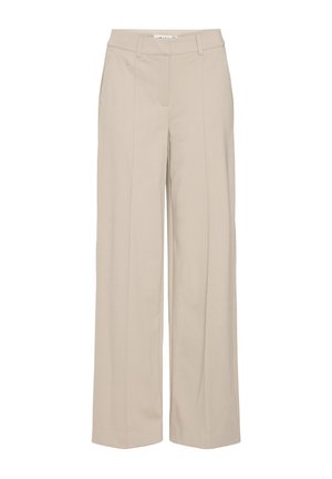 Pantalones de pierna amplia beige con un frente plano, diseño ajustado, pliegues y trabillas para cinturón. Fabricados con un tejido ligero, adecuados para diversas ocasiones.