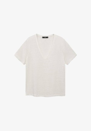 T-shirt à col en V et manches courtes en tissu léger et texturé de couleur blanc cassé. Présente une coupe décontractée et un ourlet droit.