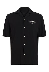 Short-sleeve black button-up shirt with a relaxed fit, featuring a plain texture and white embroidered brand name on the left chest.