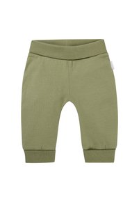 Grüne Baumwollmischung-Jogginghosen mit elastischem Bund, schmal zulaufenden Bündchen und einer glatten Textur. Einfaches Design ohne sichtbare Muster oder Akzente.