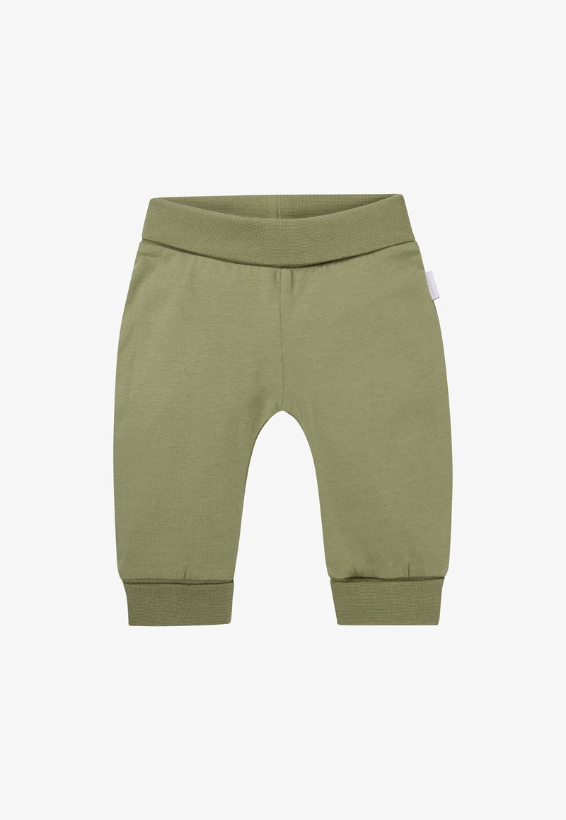 Groene joggers van een katoenmix met een elastische tailleband, taps toelopende manchetten en een gladde textuur. Eenvoudig ontwerp zonder zichtbare patronen of accenten.