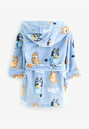 Mėlynas pūkuotas chalatas su animacinių filmų personažais, su gaubtu, ilgomis rankovėmis ir diržu; minkšta tekstūra su įvairiais keistais personažų raštais.