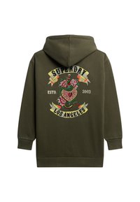 Sweat-shirt à capuche en vert olive avec un design brodé coloré d'un serpent et de fleurs, avec le texte "SUPERDRY" et "LOS ANGELES".