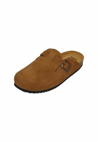 Brown suede clog with a smooth texture, featuring a single strap with a metal buckle and a textured black rubber sole.