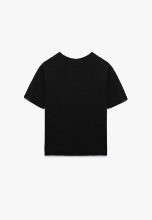 Black short-sleeve t-shirt made of cotton with a crew neck, featuring a simple, plain design and a smooth texture. No visible logos or patterns.