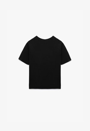 Black short-sleeve t-shirt made of cotton with a crew neck, featuring a simple, plain design and a smooth texture. No visible logos or patterns.