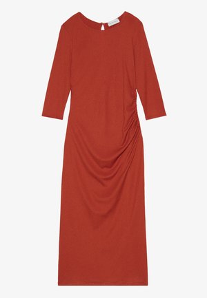 Rust-colored, fitted dress with three-quarter sleeves, scoop neck, and side gathering detail. Made from textured fabric, features a back keyhole.