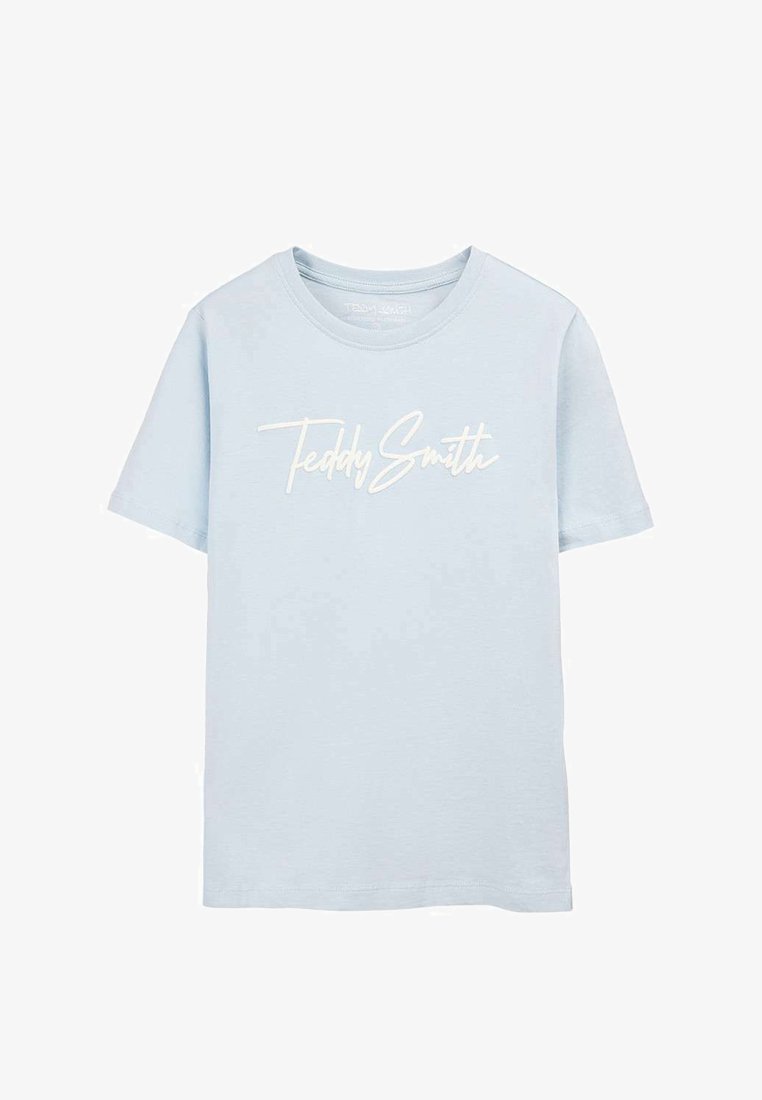 T-shirt manches courtes bleu clair avec logo en script blanc "Teddy Smith" centré sur la poitrine, col rond et coupe régulière.