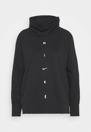 Czarna, długorękawowa bluza Nike z wysokim, luźnym kołnierzem, z pionowymi białymi literami tworzącymi napis "NIKE" i logo Nike Swoosh z przodu na środku.