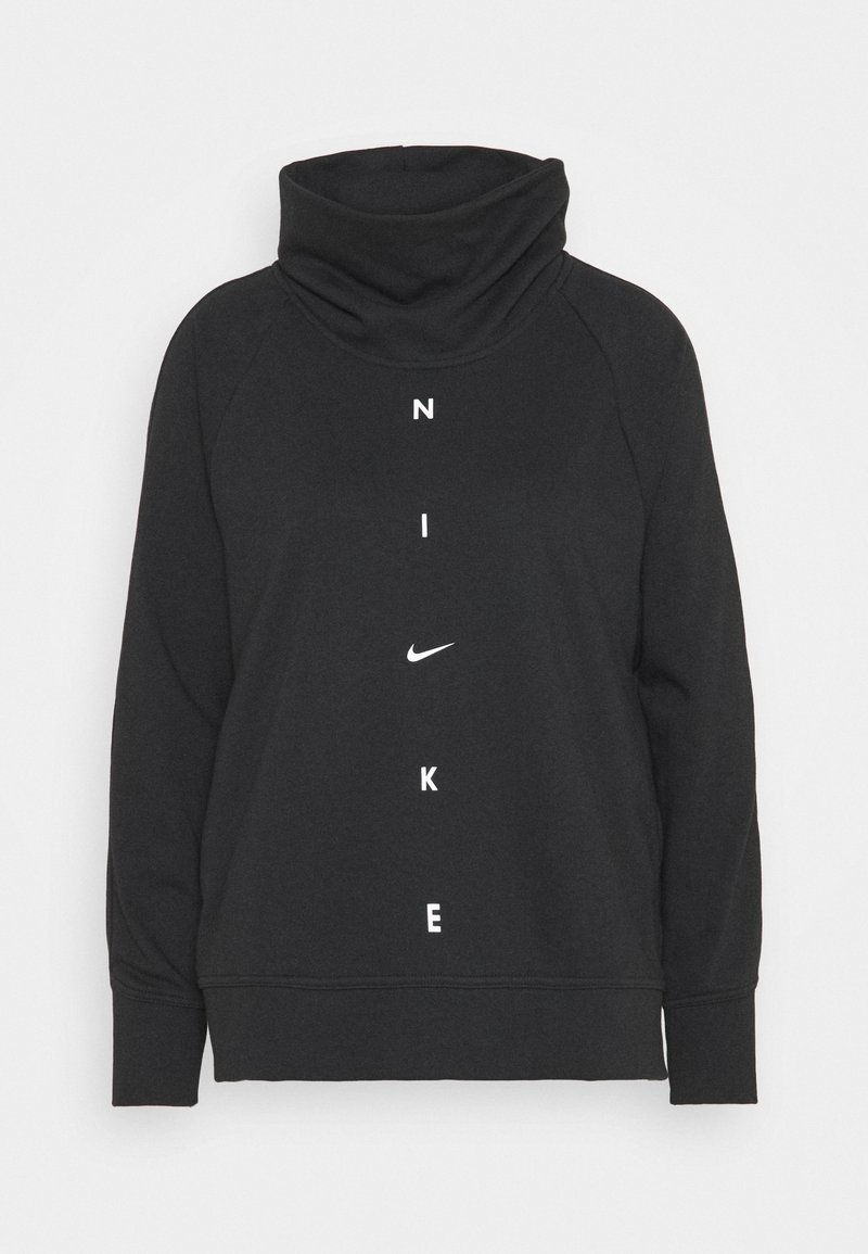 Sweat-shirt noir Nike à manches longues avec un col cheminée haut, comportant des lettres blanches verticales formant "NIKE" et le logo swoosh Nike au centre devant.