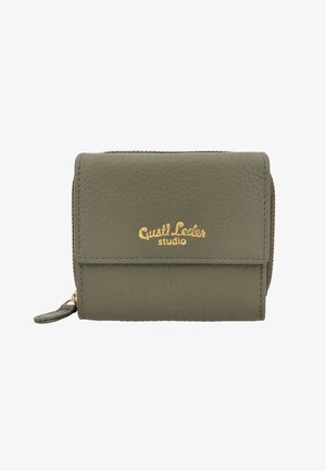 Zelená kožená peňaženka s textúrovaným povrchom, zlatým logom, zipsovým uzáverom a klapkou. Kompaktný dizajn s krúžkom na kľúče na jednej strane.