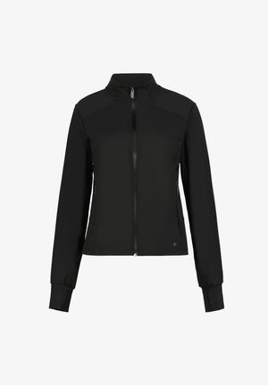 Veste noire à manches longues avec fermeture éclair complète à l'avant, col haut et ouvertures pour les pouces aux poignets, présentée sur un fond blanc.