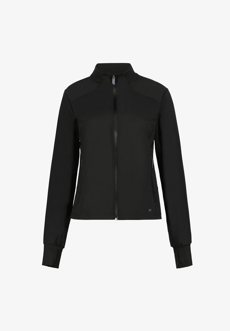 Černá dlouhý rukáv bunda s celopropínacím zipem vpředu, vysokým límcem a otvory na palce na manžetách, zobrazena na bílém pozadí.