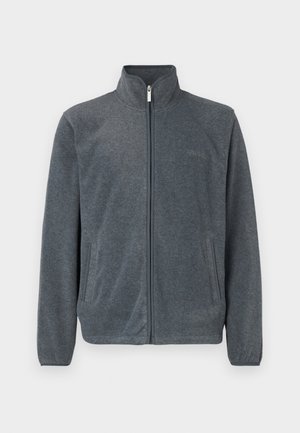 Giacca di pile grigia con colletto alto, zip frontale completa e tasche laterali. Texture morbida con design casual e dettagli minimi.