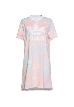 Kurzärmliges pastellfarbenes Tie-Dye Adidas-Kleid mit weißem Rundhalsausschnitt und großem weißem Adidas-Trefoil-Logo auf der Brust.