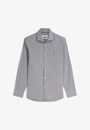 Heren overhemd met lange mouwen met klein zwart-wit ruitpatroon en klein rood, wit en blauw logo op de borst.