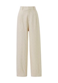 Beige wijde broek met een textuurstof met verticale strepen. Tailleband met riemlussen en een ritssluiting aan de voorkant.