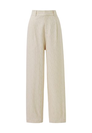 Beige weite Hosen aus einem strukturierten Stoff mit vertikalen Streifen. Taillenteil mit Gürtelschlaufen und einem Reißverschluss auf der Vorderseite.