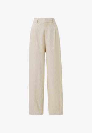 Beige weite Hosen aus einem strukturierten Stoff mit vertikalen Streifen. Taillenteil mit Gürtelschlaufen und einem Reißverschluss auf der Vorderseite.