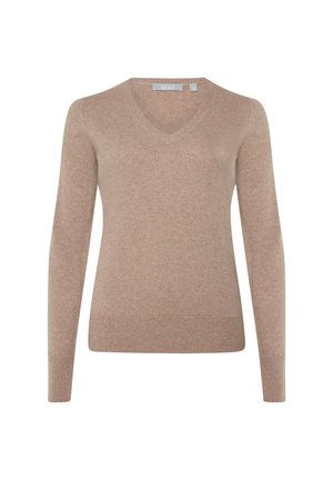 Pull à col en V en tricot beige clair, manches longues, bords côtelés et ourlet, texture lisse, design minimal, sans motifs ni éléments métalliques visibles.