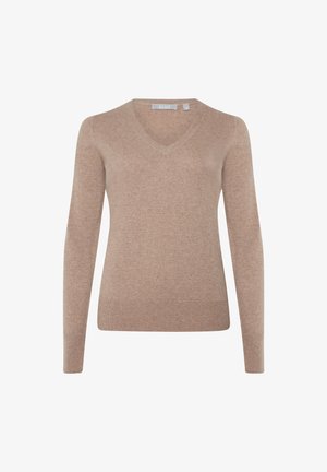 Maglione a V in tessuto a maglia color beige chiaro, maniche lunghe, polsini e orlo a costine, texture liscia, design minimale, senza motivi o accessori visibili.