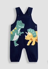 Sötétkék pamut kantáros nadrág színes dinoszaurusz applikációkkal: egy zöld T-rex és egy sárga triceratops, texturált részletekkel.
