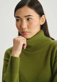 Pull à col roulé en tricot vert avec une texture côtelée et un col haut. Présente des manches longues et ajustées, ainsi qu'une apparence douce et chaude.