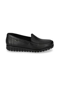 Scarpe slip-on in pelle nera con punta arrotondata, suola leggera e suola in gomma testurizzata per una migliore aderenza. Design minimalista con branding discreto.