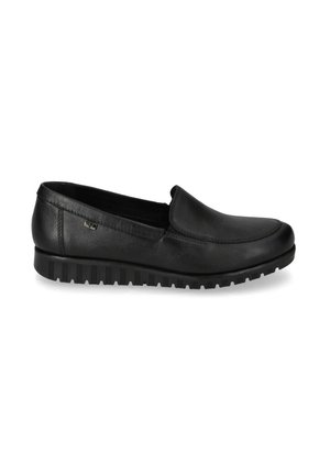 Scarpe slip-on in pelle nera con punta arrotondata, suola leggera e suola in gomma testurizzata per una migliore aderenza. Design minimalista con branding discreto.