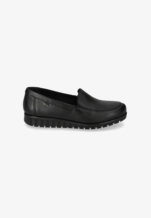 Scarpe slip-on in pelle nera con punta arrotondata, suola leggera e suola in gomma testurizzata per una migliore aderenza. Design minimalista con branding discreto.