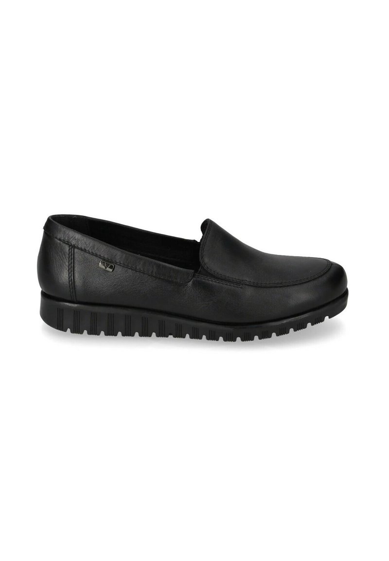 Scarpe slip-on in pelle nera con punta arrotondata, suola leggera e suola in gomma testurizzata per una migliore aderenza. Design minimalista con branding discreto.