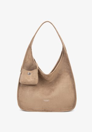 Zachte tan suède hobo tas met een enkele schouderriem en een kleine afneembare pouch met drukknoopsluiting aan de voorkant.