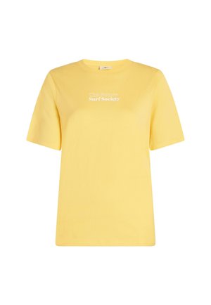 Gul bomullströja med korta ärmar, prydd med texten "The Future Surf Society" i vitt över bröstet. En enkel, klassisk design.