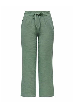 Pantalons vert clair, texturés, avec une taille élastique et un cordon de serrage. Coupe ample avec des jambes droites et sans poches visibles.