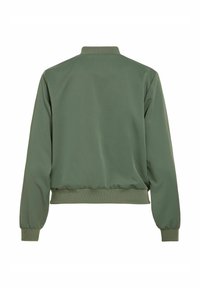 Jachetă bomber verde, cu guler şi manșete rib și o textură netedă, mată, având tiv elastic pentru un aspect mulat.