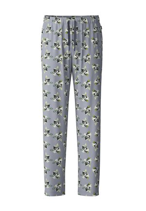 Lichte grijze broek met een bloemenpatroon dat zwarte en groene elementen bevat. Elastische tailleband met verstelbaar trekkoord en taps toelopende broekspijpen.