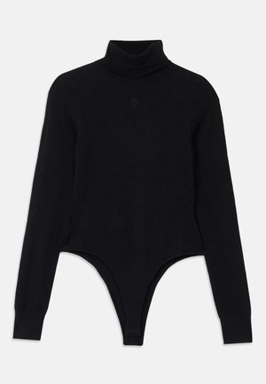 Black turtleneck bodysuit made of soft fabric, featuring long sleeves, a snug fit, and a thong-style bottom for a streamlined silhouette.