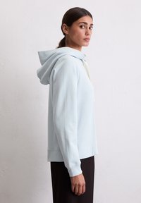 Himmelblaues Hoodie mit einer Vordertasche, Kordelzugkapuze und gerippten Bündchen. Weicher Stoff und lässige Passform mit glatter Textur.